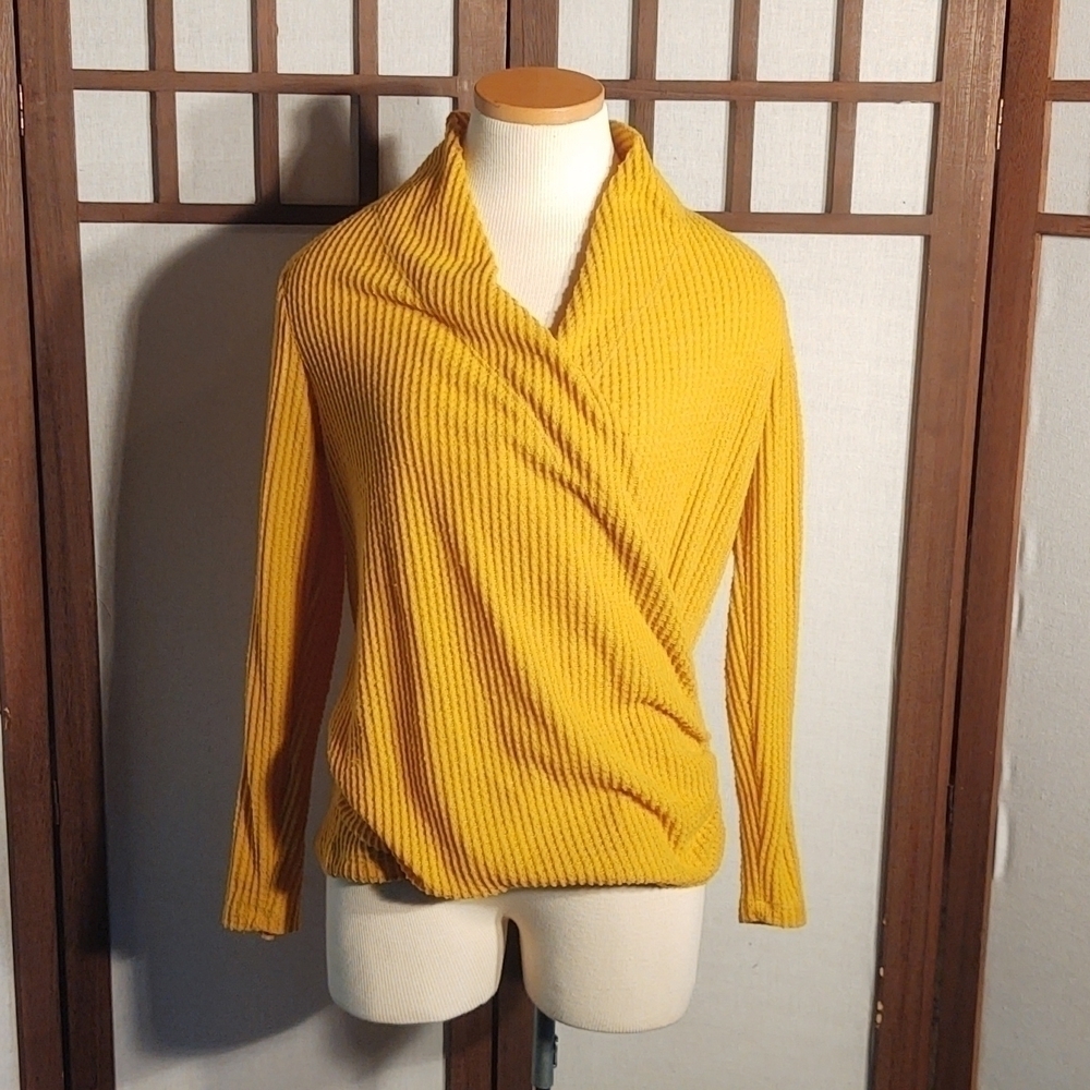 Pleione Waffle Knit Mustard Yellow Long Sleeve Blouse Sz S